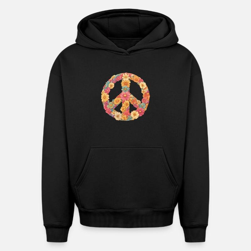 Fleure love and peace - Sweat à capuche unisexe oversize épais SPREAD - noir