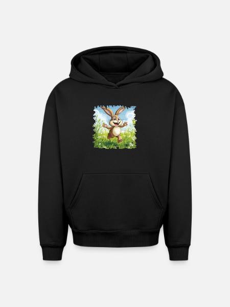 Cheerful bunny in spring meadow - Oversized Heavyweight Unisex Hoodie - black