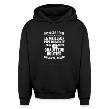 Routier – Super Papa Routier - Sweat à capuche unisexe oversize épais SPREAD - noir - Devant - AI Model Female 172 light (172cm) & AI Model Male 185 light (185cm)