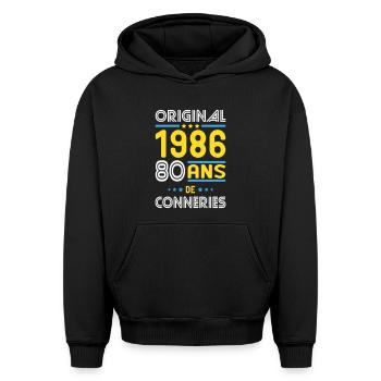 Original – 1986 – 40 ans de conneries - Sweat à capuche unisexe oversize épais SPREAD - noir - Devant - AI Model Female 172 light (172cm) & AI Model Male 185 light (185cm)