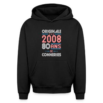 Originale – 2008 – 18 ans de conneries - Sweat à capuche unisexe oversize épais SPREAD - noir - Devant - AI Model Female 172 light (172cm) & AI Model Male 185 light (185cm)