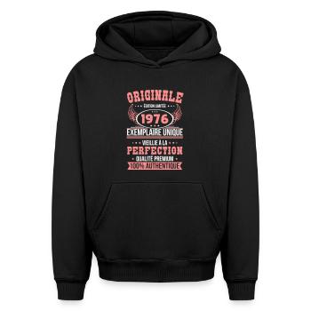 1976 – Unique example – Premium quality - Oversized Heavyweight Unisex Hoodie - black - Front - AI Model Female 172 light (172cm) & AI Model Male 185 light (185cm)