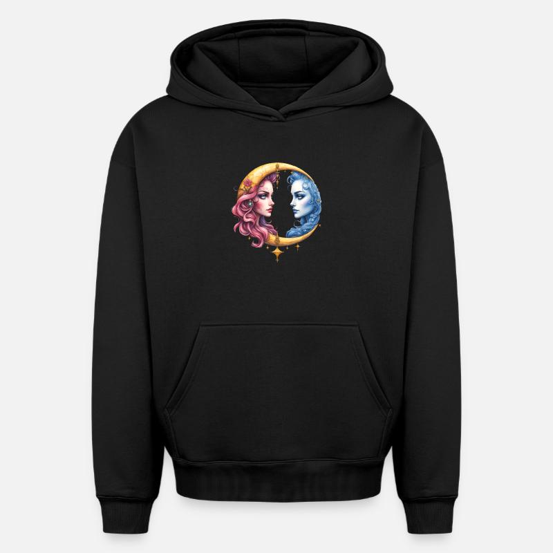 Lune jumelle : Visages dans Eclipse - Sweat à capuche unisexe oversize épais SPREAD - noir