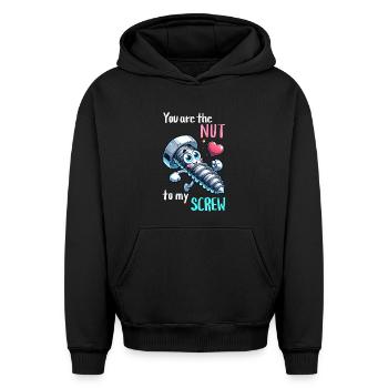 Funny Screwing Nut Pair Design - Oversized Heavyweight Unisex Hoodie - black - Front - AI Model Female 172 light (172cm) & AI Model Male 185 light (185cm)