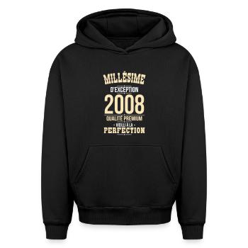 2008 – Millésime d’exception – Qualité premium - Sweat à capuche unisexe oversize épais SPREAD - noir - Devant - AI Model Female 172 light (172cm) & AI Model Male 185 light (185cm)