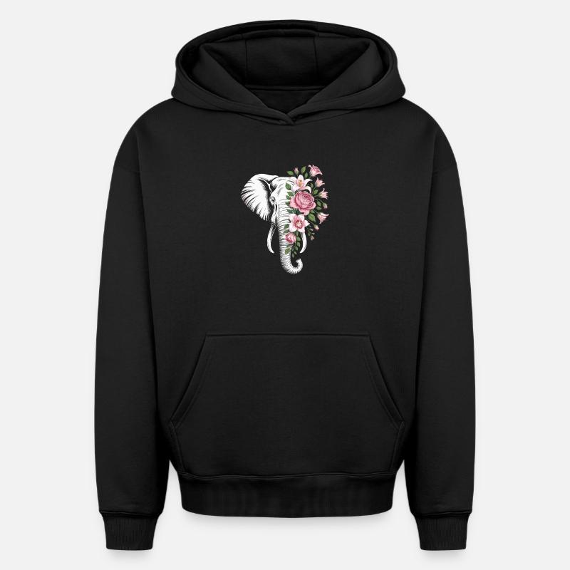 Éléphant fleuri - Sweat à capuche unisexe oversize épais SPREAD - noir