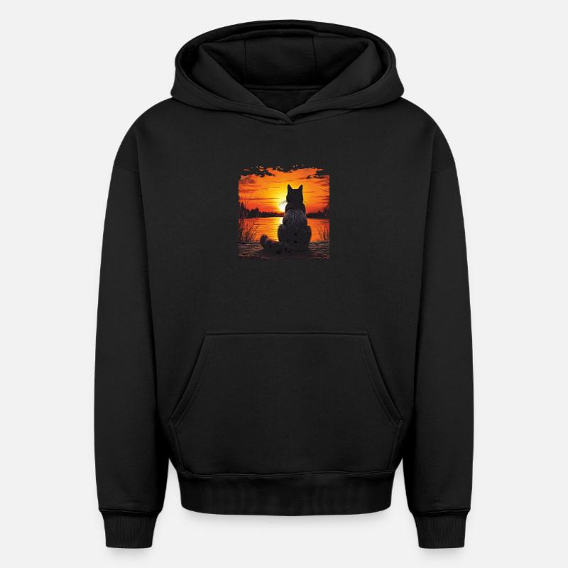 COUCHER DE SOLEIL CHAT - Sweat à capuche unisexe oversize épais SPREAD - noir