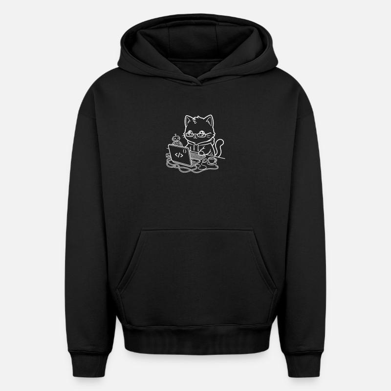 Coder Kawaii Cat Programmer - Sweat à capuche unisexe oversize épais SPREAD - noir