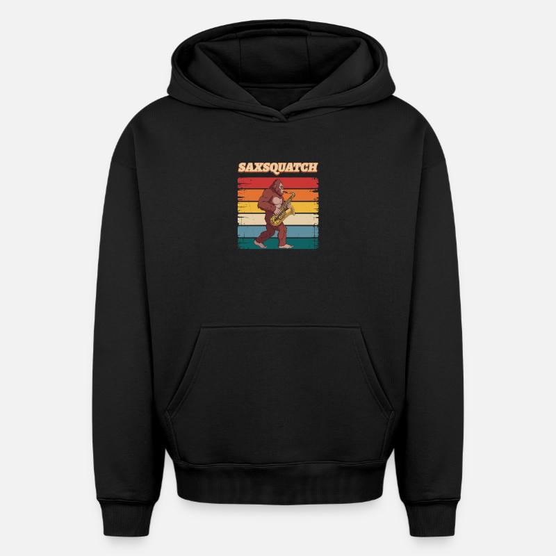 Sax Squatch sur des rayures rétro - Sweat à capuche unisexe oversize épais SPREAD - noir