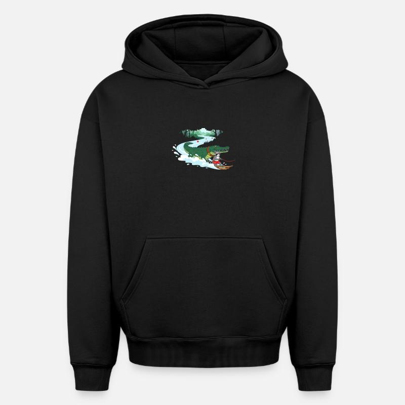 Crocodile Surfeur et Compagnon Chat - Sweat à capuche unisexe oversize épais SPREAD - noir