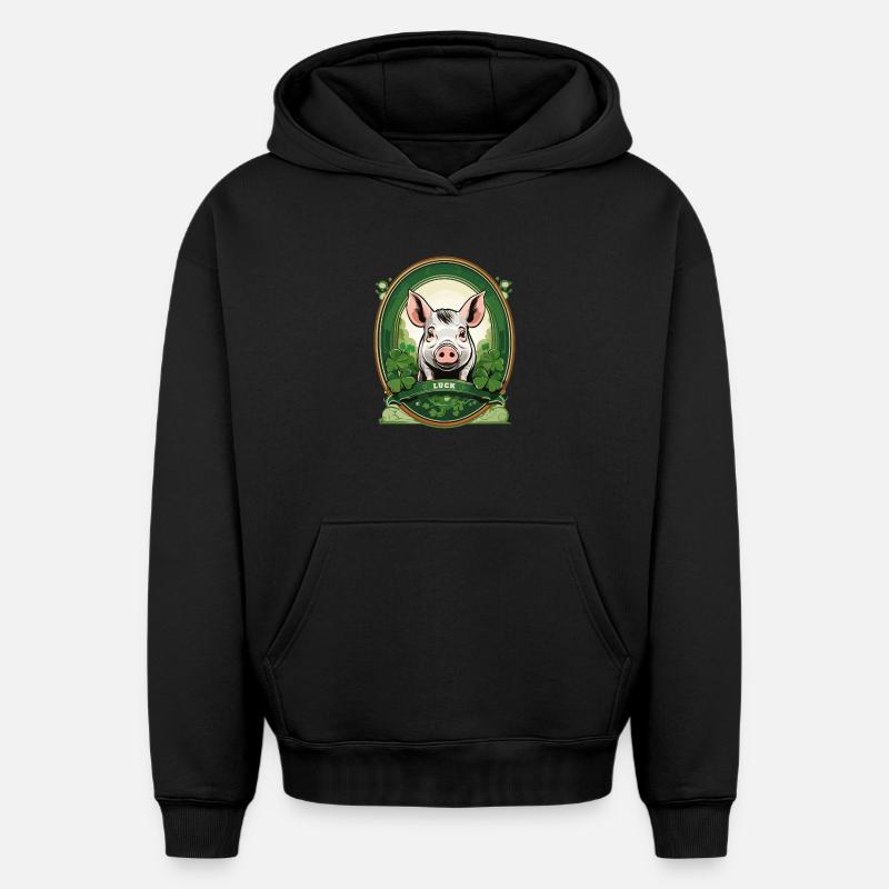 Cochon chanceux avec trèfles - Sweat à capuche unisexe oversize épais SPREAD - noir