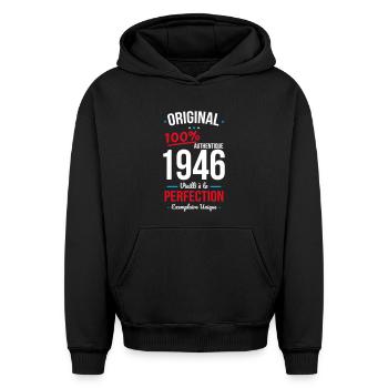 1946 – Original – Exemplaire unique - Sweat à capuche unisexe oversize épais SPREAD - noir - Devant - AI Model Female 172 light (172cm) & AI Model Male 185 light (185cm)