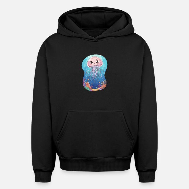 Monde sous-marin de méduses pastel - Sweat à capuche unisexe oversize épais SPREAD - noir
