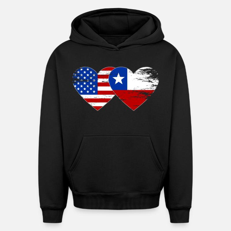 États-Unis Chili Drapeau Coeur - Sweat à capuche unisexe oversize épais SPREAD - noir