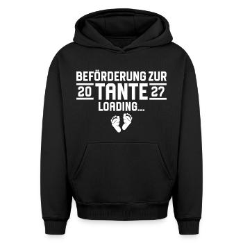 Promotion au rang de tante 2027 - Sweat à capuche unisexe oversize épais SPREAD - noir - Devant - AI Model Female 172 light (172cm) & AI Model Male 185 light (185cm)