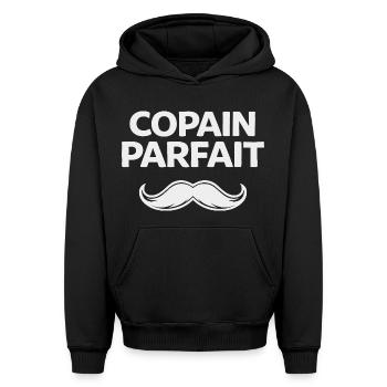 Copain parfait humour cadeau homme moustache - Sweat à capuche unisexe oversize épais SPREAD - noir - Devant - AI Model Female 172 light (172cm) & AI Model Male 185 light (185cm)