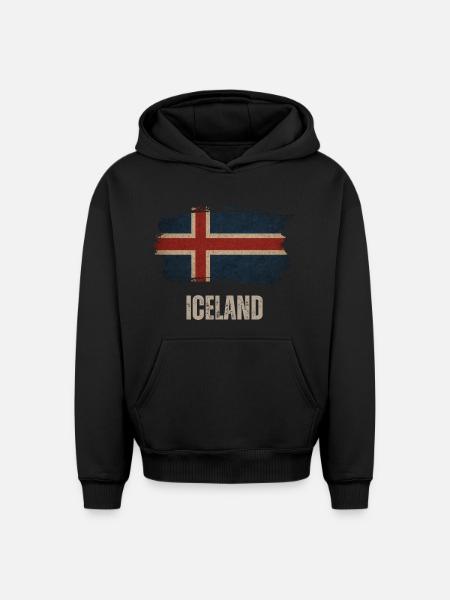 Islands flagg, vintage Island - Hettegenser unisex oversize kraftig - svart