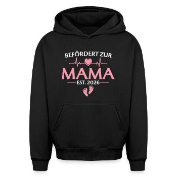 Promue maman 2026 - Baby Shower - Sweat à capuche unisexe oversize épais SPREAD - noir - Devant - AI Model Female 172 light (172cm) & AI Model Male 185 light (185cm)