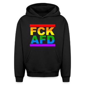 FCK AFD - Oversized Heavyweight Unisex Hoodie - Schwarz - Vorne - AI Model Female 172 light (172cm) & AI Model Male 185 light (185cm)