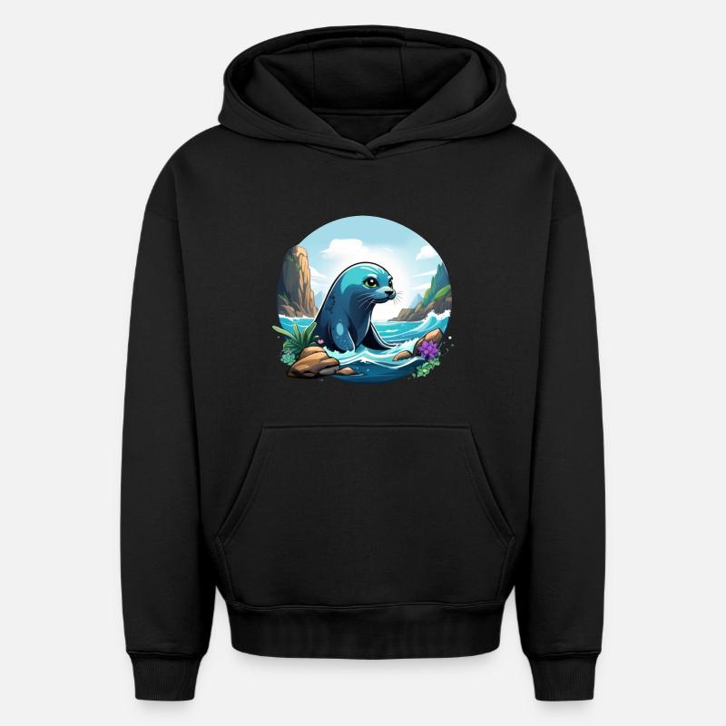 Phoque sur la côte - Sweat à capuche unisexe oversize épais SPREAD - noir