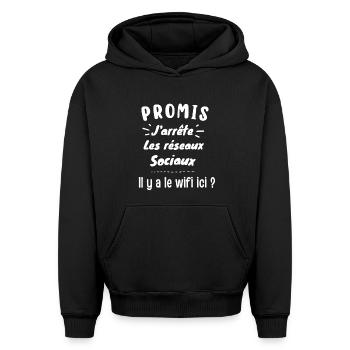 Promis j'arrête les réseaux sociaux - Sweat à capuche unisexe oversize épais SPREAD - noir - Devant - AI Model Female 172 light (172cm) & AI Model Male 185 light (185cm)