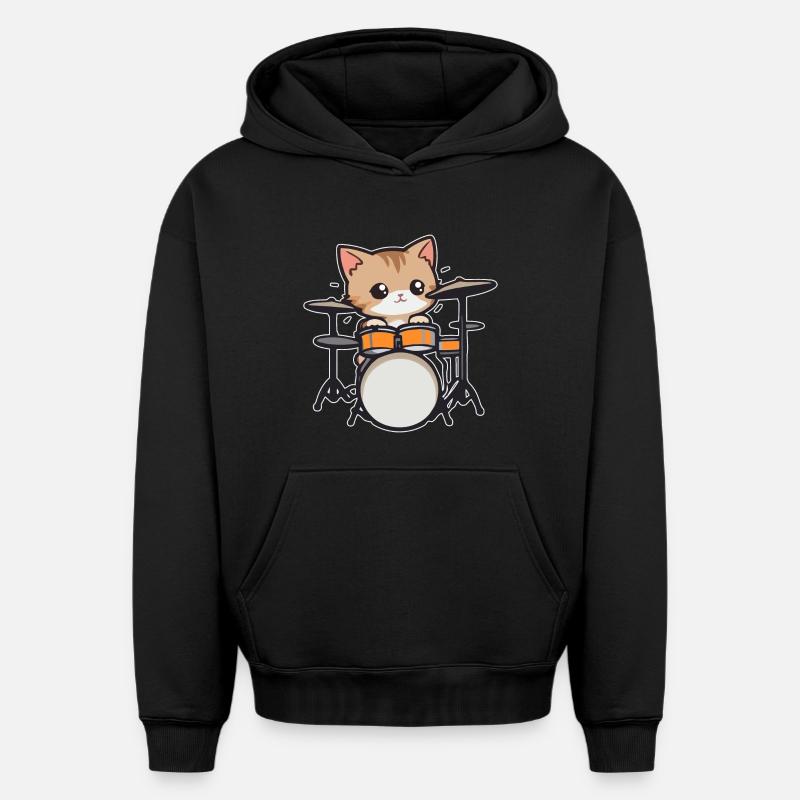 Batterie, Chat, Musicien, Batteur - Sweat à capuche unisexe oversize épais SPREAD - noir