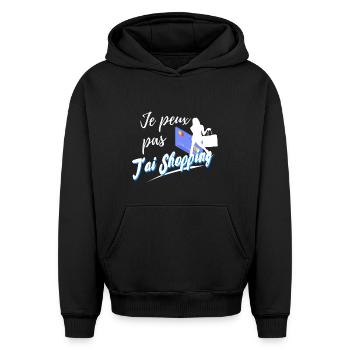 je peux pas j'ai shopping achat - Sweat à capuche unisexe oversize épais SPREAD - noir - Devant - AI Model Female 172 light (172cm) & AI Model Male 185 light (185cm)