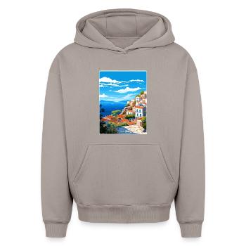 Hydra Grèce Affiche de voyage Souvenir Carte Postale Peinture - Sweat à capuche unisexe oversize épais SPREAD - taupe - Devant - AI Model Female 172 light (172cm) & AI Model Male 185 light (185cm)