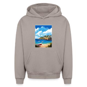 Coverack Cornwall England Reiseposter Souvenir - Oversized Heavyweight Unisex Hoodie - Taupe - Vorne - AI Model Female 172 light (172cm) & AI Model Male 185 light (185cm)