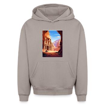 Petra Jordan Affiche de voyage Souvenir Carte Postale Peinture - Sweat à capuche unisexe oversize épais SPREAD - taupe - Devant - AI Model Female 172 light (172cm) & AI Model Male 185 light (185cm)