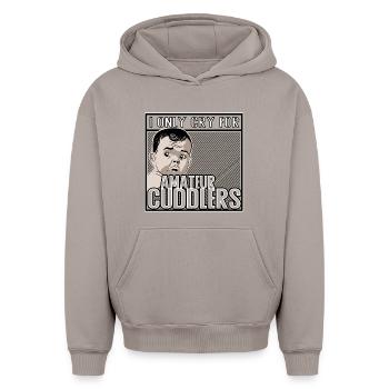 I Only Cry at Amateur Cuddlers - Oversized Heavyweight Unisex Hoodie - Taupe - Vorne - AI Model Female 172 light (172cm) & AI Model Male 185 light (185cm)