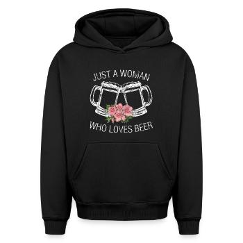 Just a woman who loves beer - Oversized Heavyweight Unisex Hoodie - black - Front - AI Model Female 172 light (172cm) & AI Model Male 185 light (185cm)