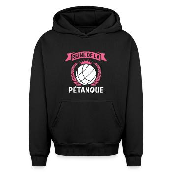 Pétanque Cadeau pour Femme Reine de la pétanque - Sweat à capuche unisexe oversize épais SPREAD - noir - Devant - AI Model Female 172 light (172cm) & AI Model Male 185 light (185cm)