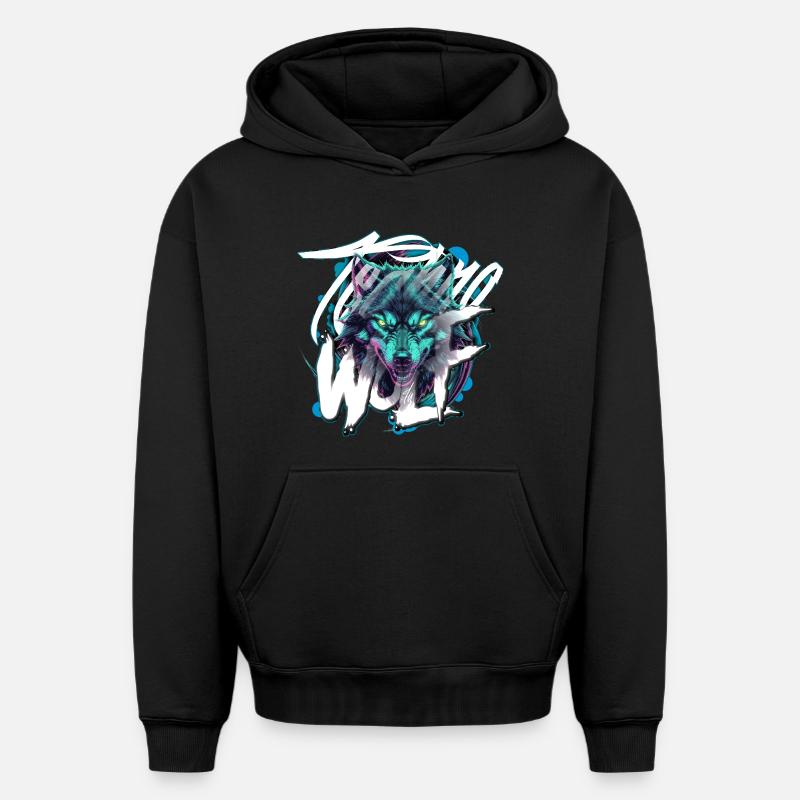 Neon Techno Wolf Head–Rave Wolf - Oversized Heavyweight Unisex Hoodie - Schwarz