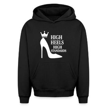 High Heels High Standards: Power Statement Queen - Oversized Heavyweight Unisex Hoodie - black - Front - AI Model Female 172 light (172cm) & AI Model Male 185 light (185cm)