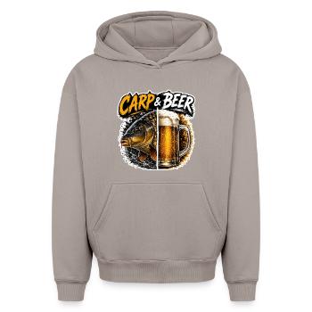 Carp And Beer Funny Fishing Design - Oversized Heavyweight Unisex Hoodie - taupe - Front - AI Model Female 172 light (172cm) & AI Model Male 185 light (185cm)