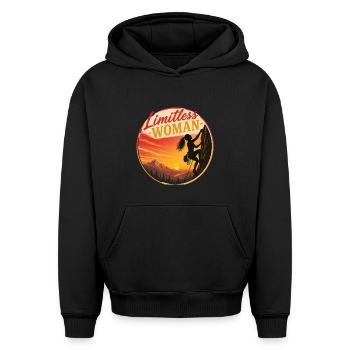 Femme sans limites – Escalade sans limites - Sweat à capuche unisexe oversize épais SPREAD - noir - Devant - AI Model Female 172 light (172cm) & AI Model Male 185 light (185cm)