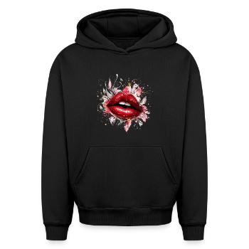 Lèvres rouges avec des losanges et des fleurs - Sweat à capuche unisexe oversize épais SPREAD - noir - Devant - AI Model Female 172 light (172cm) & AI Model Male 185 light (185cm)