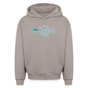 Silhouette d’école bleue - les petits poissons mangent les gros poissons - Sweat à capuche unisexe oversize épais SPREAD - taupe - Devant - AI Model Female 172 light (172cm) & AI Model Male 185 light (185cm)