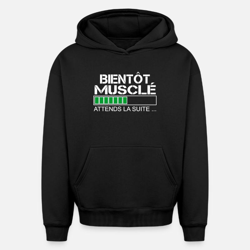 Bientot musclé (blanc et vert) - Sweat à capuche unisexe oversize épais SPREAD - noir