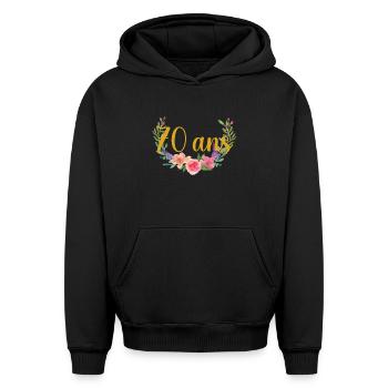 anniversaire fleurs âge 70ans - Sweat à capuche unisexe oversize épais SPREAD - noir - Devant - AI Model Female 172 light (172cm) & AI Model Male 185 light (185cm)