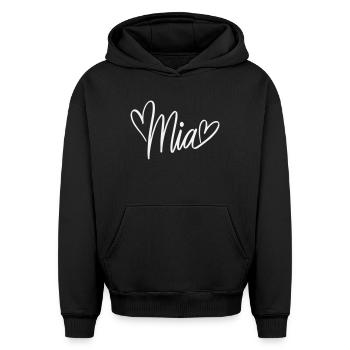 Mia Name Design with Hearts - Oversized Heavyweight Unisex Hoodie - black - Front - AI Model Female 172 light (172cm) & AI Model Male 185 light (185cm)