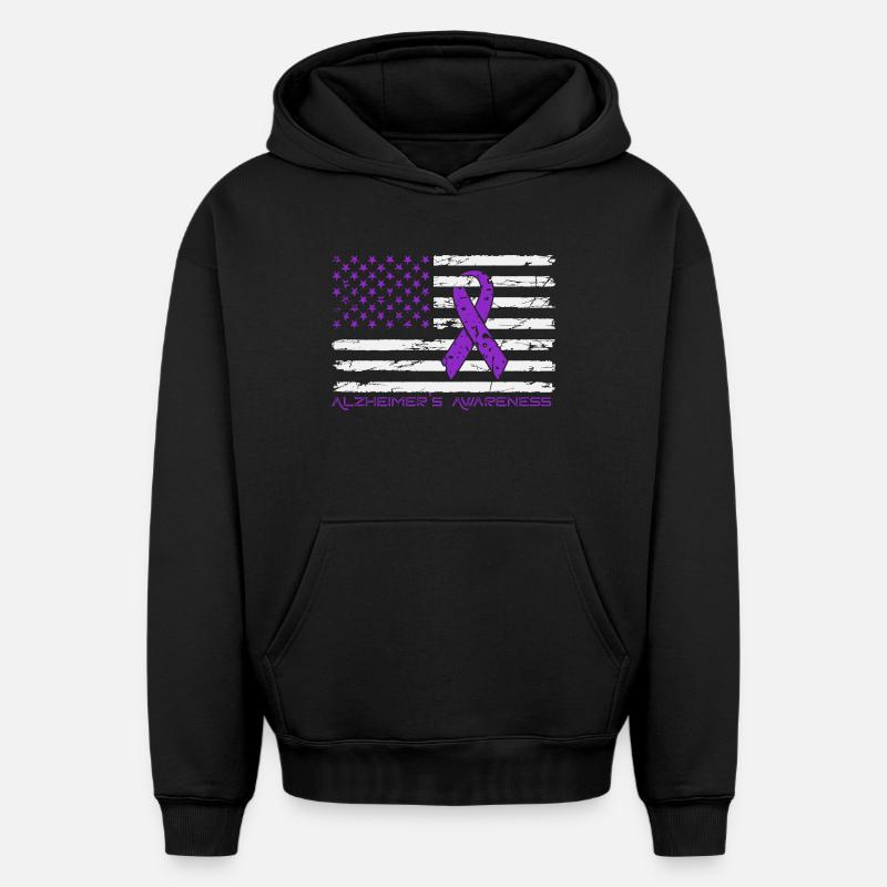 Ruban Violet Alzheimer Drapeau US - Sweat à capuche unisexe oversize épais SPREAD - noir