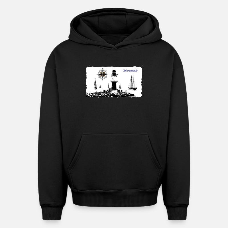 Warnemünde Leuchtturm Kompass Edition - Oversized Heavyweight Unisex Hoodie - Schwarz