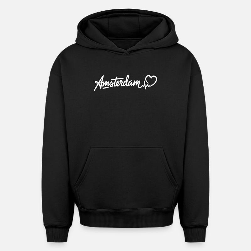 Amsterdam Heartbeat Pays-Bas - Sweat à capuche unisexe oversize épais SPREAD - noir