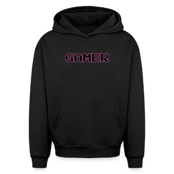 Texte Pixel Retro Gamer - Sweat à capuche unisexe oversize épais SPREAD - noir - Devant - AI Model Female 172 light (172cm) & AI Model Male 185 light (185cm)