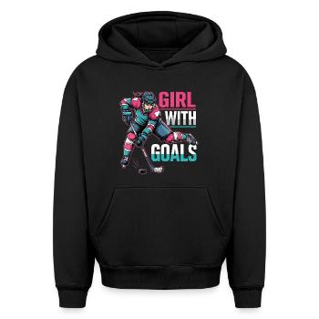 Fille Avec Des Buts Hockey Femme - Sweat à capuche unisexe oversize épais SPREAD - noir - Devant - AI Model Female 172 light (172cm) & AI Model Male 185 light (185cm)