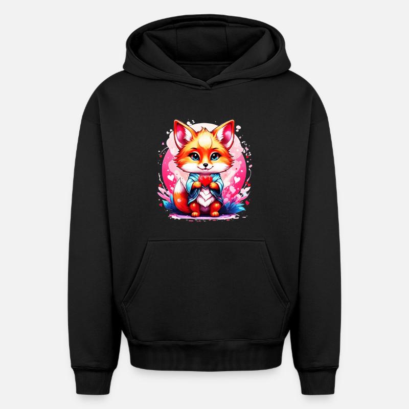 Kawaii Chibi Fox - Sweat à capuche unisexe oversize épais SPREAD - noir