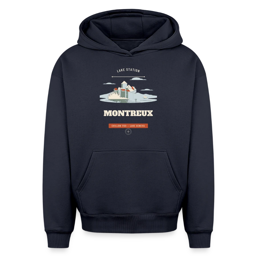 Montreux badge on a oversized heavyweight unisex hoodie, navy, front