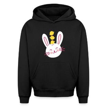 Easter Bunny and Three Cute Chicks - Oversized Heavyweight Unisex Hoodie - black - Front - AI Model Female 172 light (172cm) & AI Model Male 185 light (185cm)